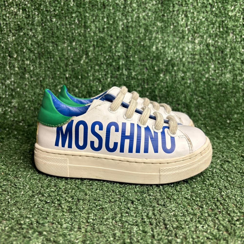 Moschino Logo Low Top Leather Elastic‎ Lace Trainers Sneaker White Kids Size 8.5